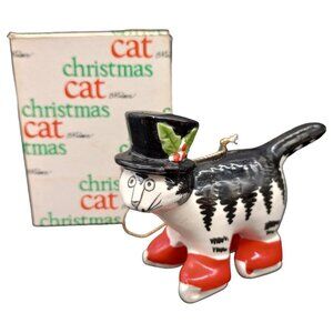 Vtg Christmas Cat Ornament Ceramic Black White Red Boots Top Hat Holiday Kliban